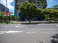 a picture of an empty street near a building with a sky background and trees in the street