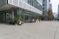 an open courtyard with benches, trees and potted plants, along the walkway from the building