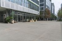 an open courtyard with benches, trees and potted plants, along the walkway from the building