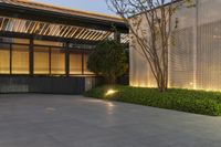 modern courtyard with outdoor lighting and decorative privacy hedge planters by building on side of building