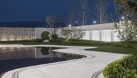 the concrete walkway is beside the water pool in the backyard area, with large square shaped planters in front