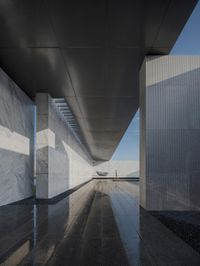 a very large open walkway in a building with black concrete columns and some water on it