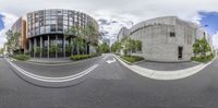 two panoramas of a circular view of a building next to trees and a street