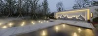 a pool with lights and trees behind it in a garden at dusk time with some benches and water feature,