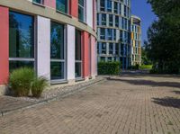 a circular building with colorful glass windows and doors in front of it and the reflection of its own