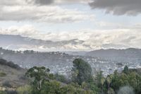 a mountain that is covered by clouds and trees is shown in the foreground with houses in the distance