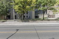 this is a parking meter in front of the city building on a street corner with trees, benches and parking meters