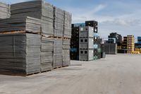 a pile of pallets and some buildings are in the distance in an empty lot