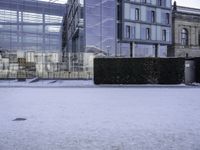 an outdoor courtyard covered with snow and ice, next to two buildings and a hedge