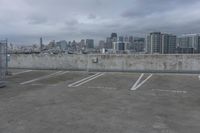 two parking spaces on a concrete roof with a view of city buildings in the background