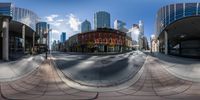 the view of city from the street corner in the city center of the city, taken with an 360 lens