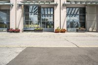 people cross the street in front of an entrance to the city court building, with potted flower plants lining either side of the entry way