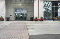 people cross the street in front of an entrance to the city court building, with potted flower plants lining either side of the entry way