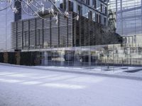 glass building with several buildings next to it in the snow of winter time in front of a tree and some bushes on the sidewalk