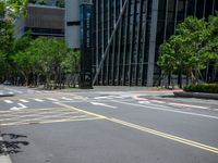 a city intersection with many buildings and trees on both sides of the road and on the sidewalk