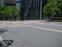 a city intersection with many buildings and trees on both sides of the road and on the sidewalk