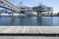 a boat dock next to a bridge over water in front of a building with a big glass windows