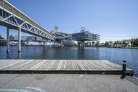 a boat dock next to a bridge over water in front of a building with a big glass windows