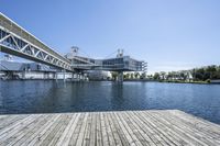 a boat dock next to a bridge over water in front of a building with a big glass windows