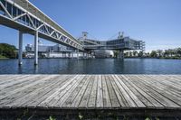 a boat dock next to a bridge over water in front of a building with a big glass windows