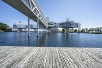 a boat dock next to a bridge over water in front of a building with a big glass windows