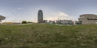 this is a wide view of the city skyline from across the street while on the grass