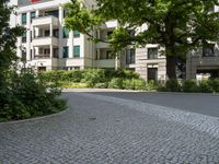 a park bench in the middle of the street between trees and buildings on a sunny day