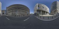 three different views of a building with round windows and a curved road, two streets with multiple sections, on a sunny day