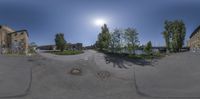 a fisheye lens shot shows street in the sun with trees on both sides of it