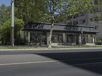 there is a bike rack outside a store on a street corner, near trees, cars and a curb