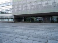 empty plaza with grey stone pavers in front of glass covered building's entrance