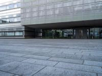 empty plaza with grey stone pavers in front of glass covered building's entrance