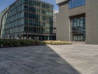 a paved courtyard with brick pavers and grass in front of several glass buildings with an outside patio and benches