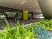 the entrance to the building is surrounded by some plant life, and flowers and a man stands outside