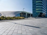 large modern glass building sitting across the street from the curved glass wall of an office