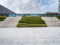 a photo of stairs and shrubbery outside of an empty building on a cloudy day