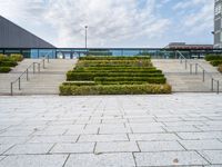 a photo of stairs and shrubbery outside of an empty building on a cloudy day