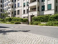 a building in the street with lots of shrubs around it and some trees on either side