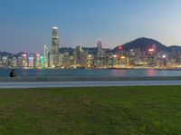 a woman is flying a kite in a city park at dusk, next to a sea and tall buildings