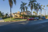 cars parked on the side of the road in front of a house and palm trees