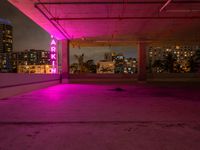 the roof terraced area features a brightly lit sign and graffiti on the concrete, while pink is in the dark