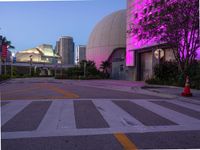 a stoplight and crosswalk with trees in front of a purple lighted building and sky