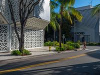 an empty street with a palm tree near a building with geometric patterns on it and two people