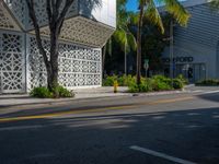 an empty street with a palm tree near a building with geometric patterns on it and two people