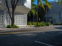 an empty street with a palm tree near a building with geometric patterns on it and two people