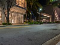 an empty street at night with buildings on both sides and palm trees and bushes in the foreground