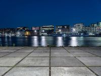 a city by the water is lit up at night time with no clouds in the sky