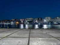 a city by the water is lit up at night time with no clouds in the sky