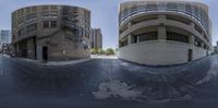 two spherical photos of a skateboarder in front of a building and an empty street