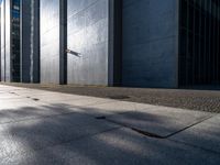 a man stands outside in the shadows with his skateboard on the sidewalk outside of a large building